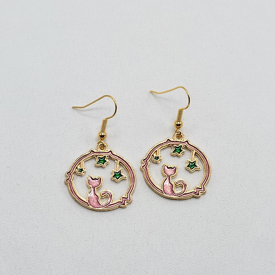 Cat and Stars Enamel Earrings