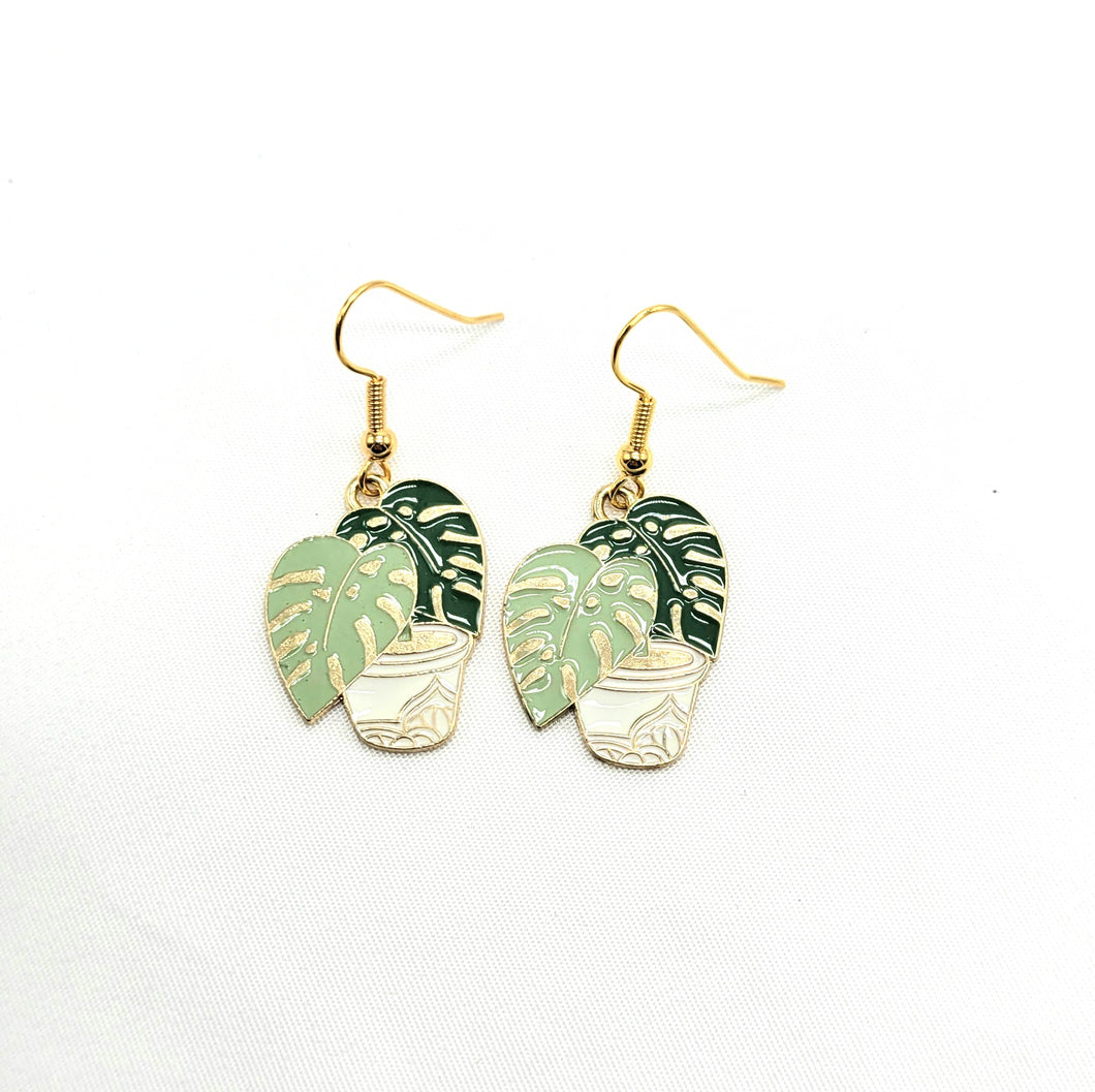 Enamel Monstera Leaf Earrings