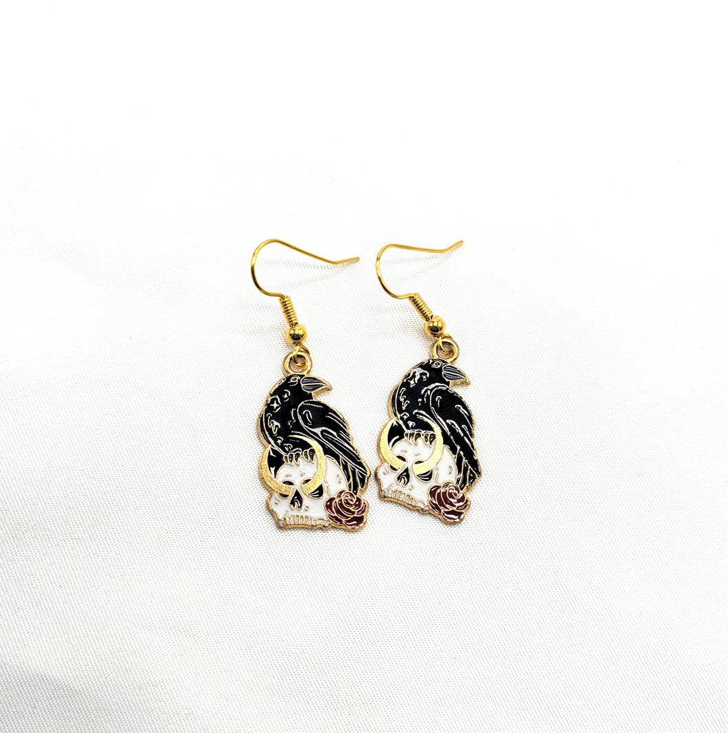 Raven with Skull Enamel Earrings