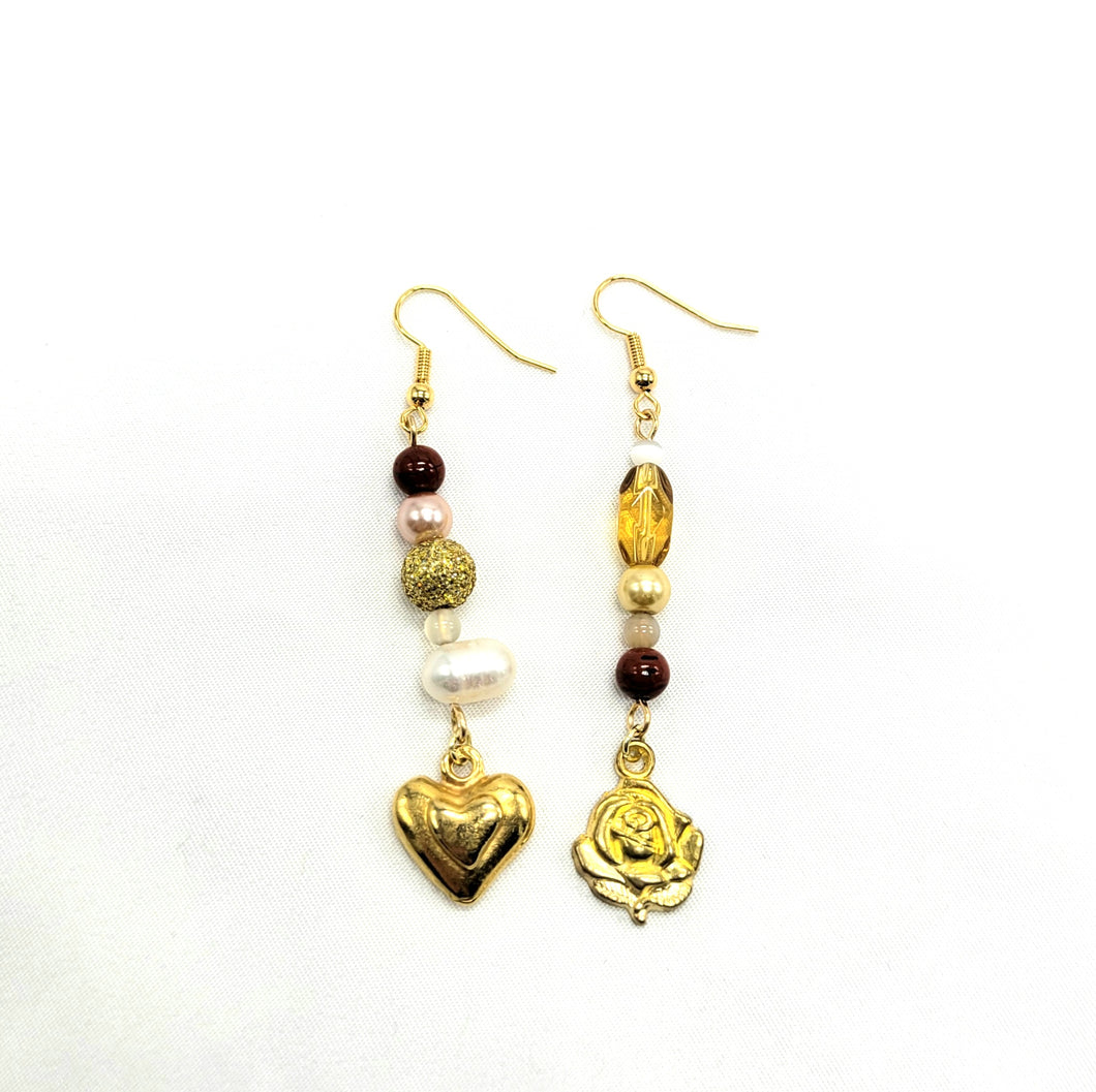 Golden Flower and Heart Earrings