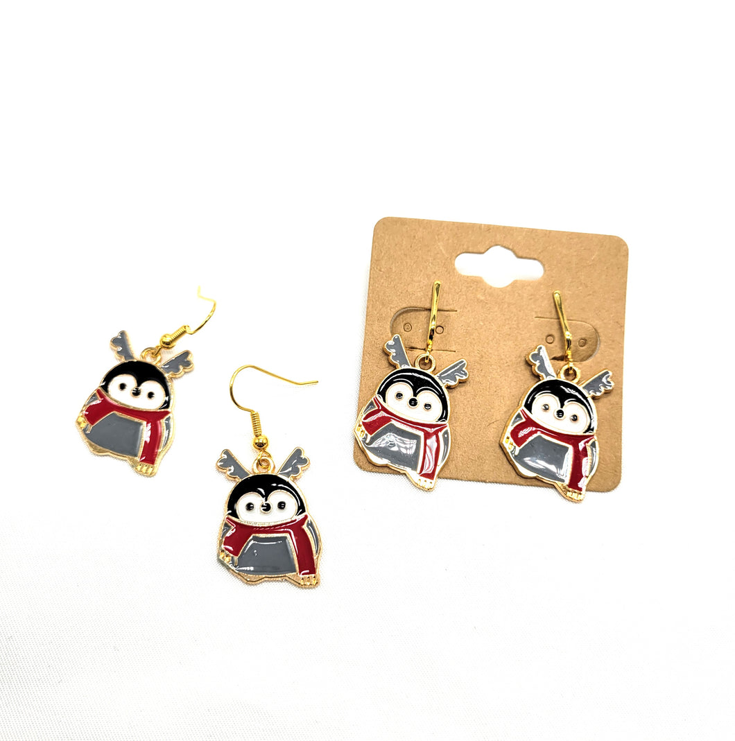 Enamel Penguin with Antlers Earrings