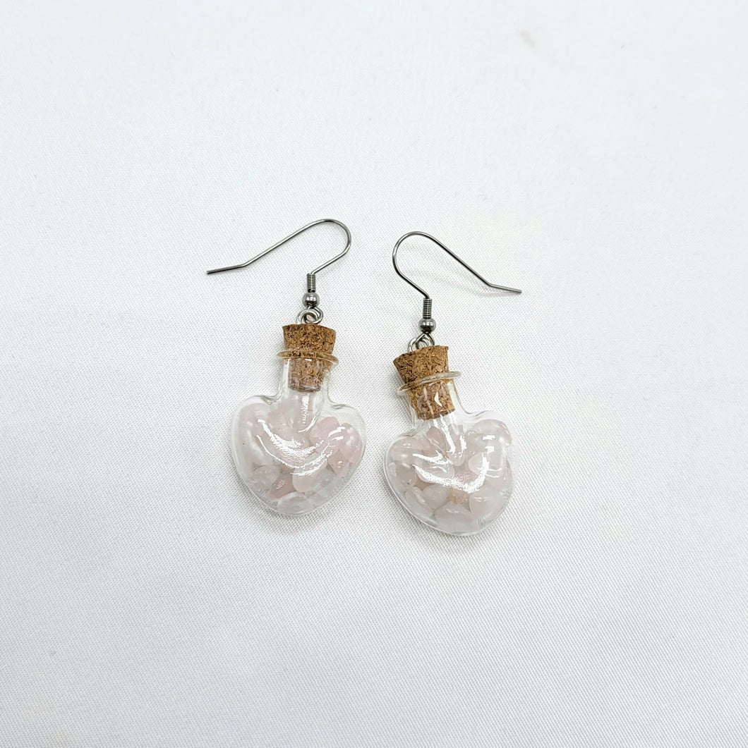 Rose Quartz in a Heart Bottle Earrings