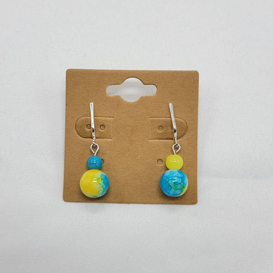 Blue and Yellow Bead Clip On Earrings