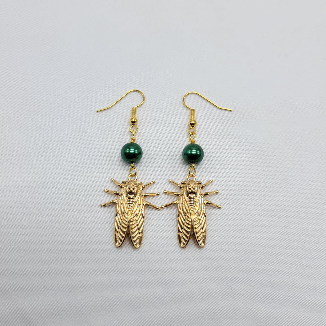 Gold Cicada and Bead Earrings