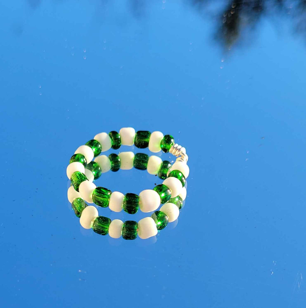 White and Green Beaded Ring