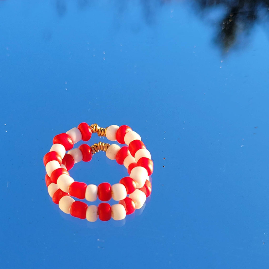 White and Red Beaded Ring