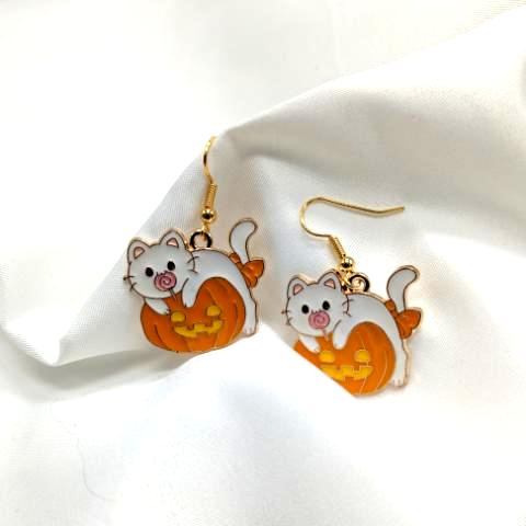 Cat and Jack O Lantern Enamel Earrings