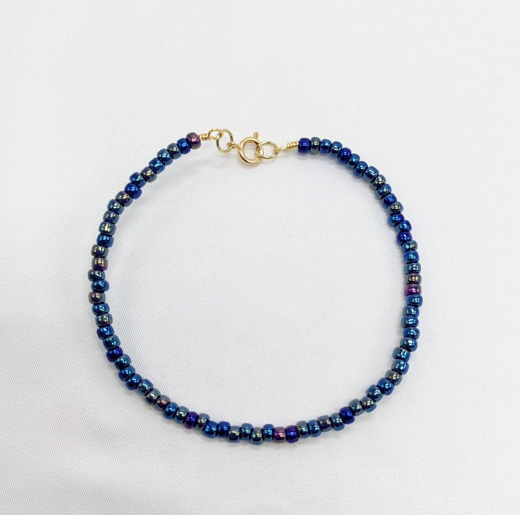 Iridescent Blue Seed Bead Anklet