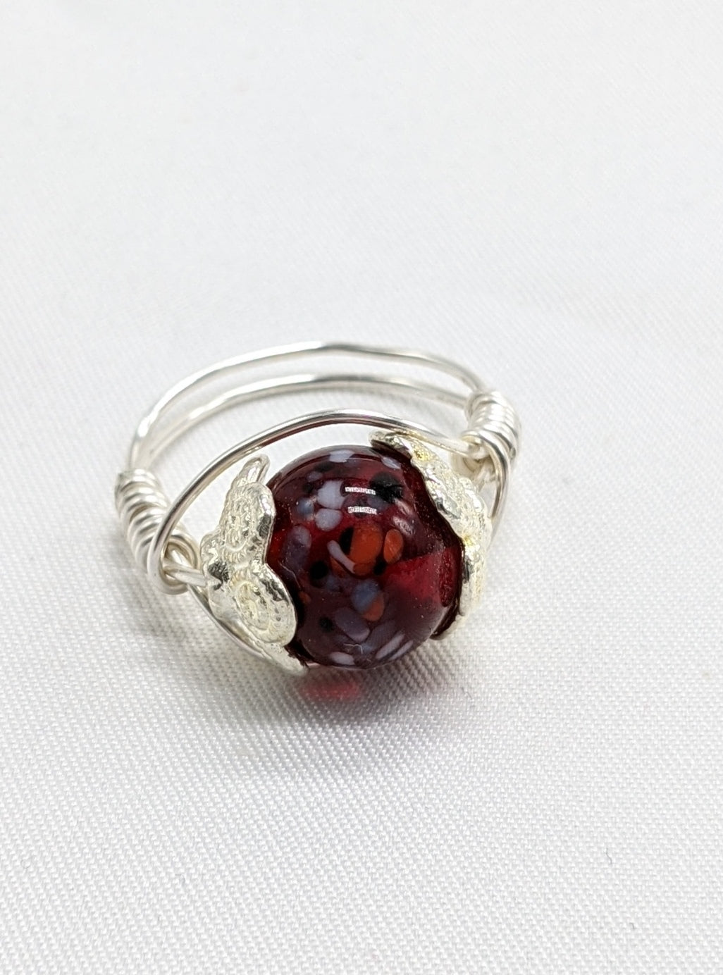 Decorative Red Bead on Silver Ring